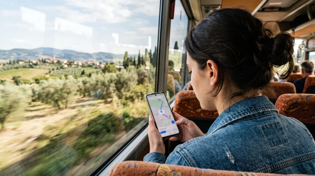 A passenger inside a moving bus checks a blurred map application on a smartphone while Tuscan countryside passes outside the window. A passenger inside a moving bus checks a blurred map application on a smartphone while Tuscan countryside passes outside the window.