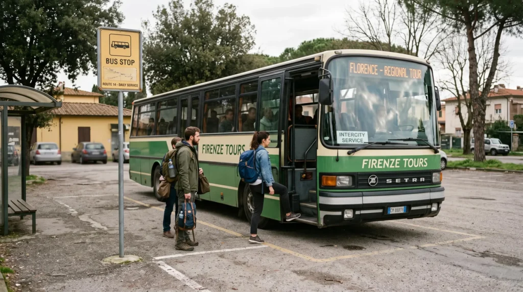 Travelers boarding a green tour bus stopped at a simple bus stop in a parking area on the outskirts of Florence. Travelers boarding a green tour bus stopped at a simple bus stop in a parking area on the outskirts of Florence.